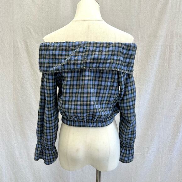 Stefano vintage 90s flannel plaid off the shoulder cropped peasant top medium - Picture 7 of 14